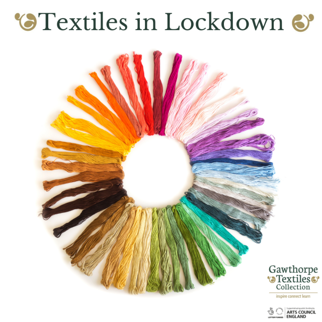 Graphic with rainbow of threads in a circle shape with text Textiles in Lockdown and funders logos 